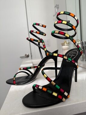 Rene Caovilla Black Strappy Spiral Sandals with Multi-Color Ribbon